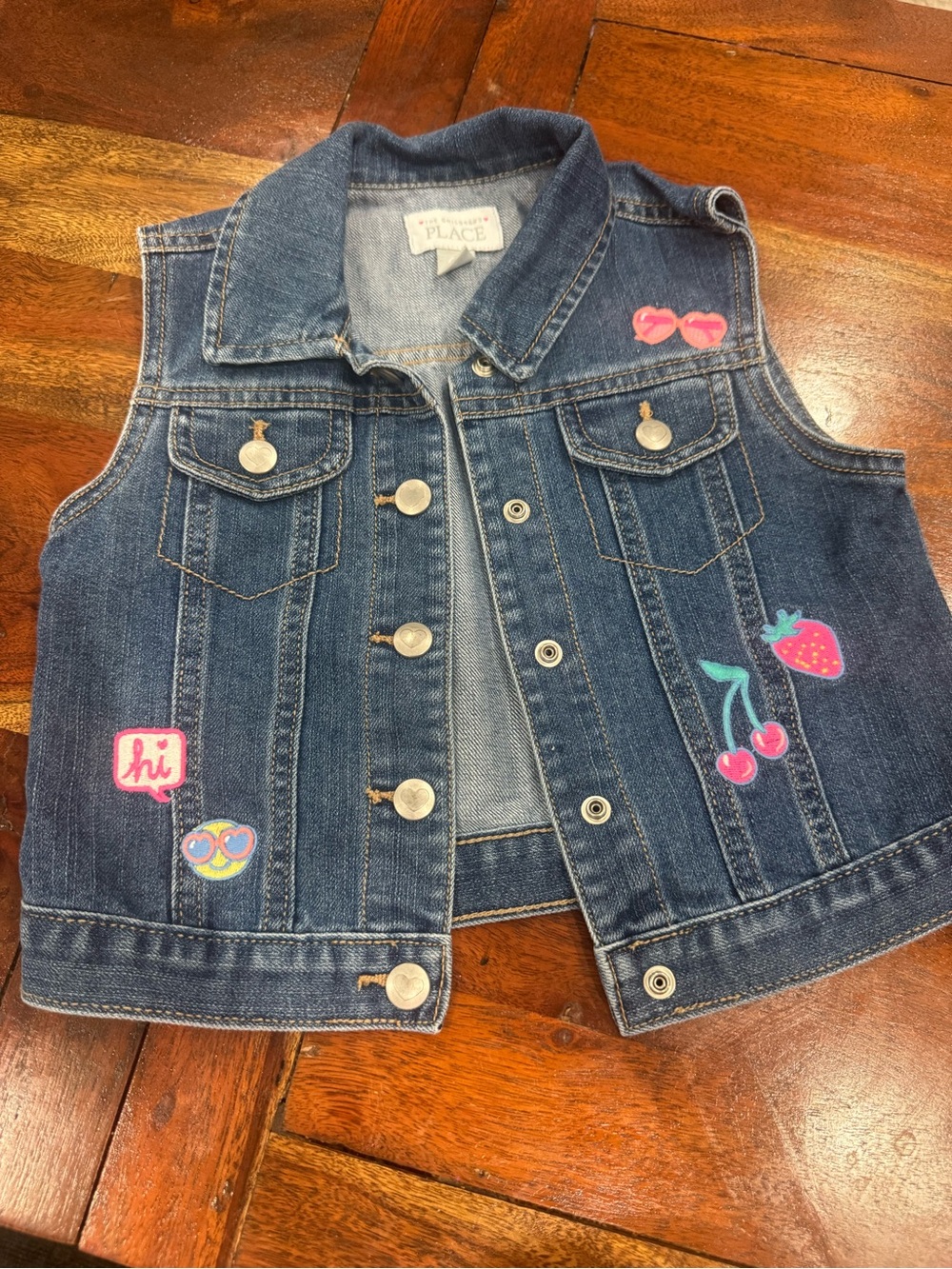 The Children's Place Dark Blue Denim Vest with Pink & Red Fruit Patches